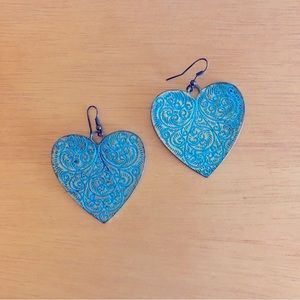 Large Heart-shaped Earrings with Blue Carvings